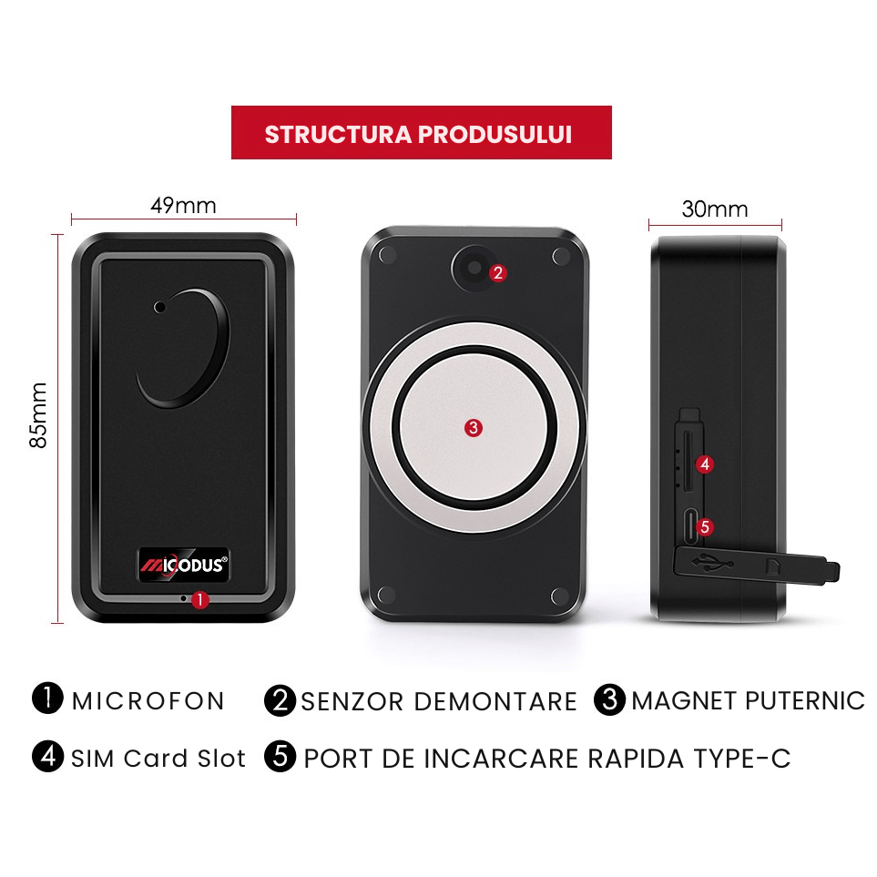GPS Tracker 4G ML500G cu Microfon, Localizare Live, Magnet Puternic, Baterie 5000mAh, IP67, Alerta Viteza/Zona - imagine 5