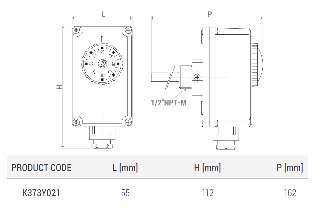 Termostat de imersie Giacomini K373Y021, reglaj 0-90 C, 1/2” NPT-M