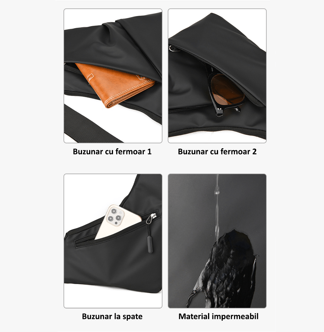 Geanta multifunctionala, borseta impermeabila, crossbody, 4 buzunare, neagra, Obralix® - imagine 4