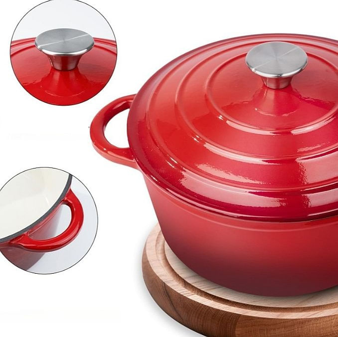 Cratita fonta emailata rosie cu capac 28cm 7litri — imaginea 2