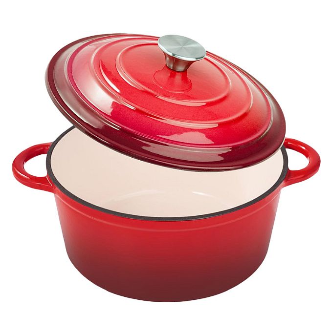Cratita fonta emailata rosie cu capac 28cm 7litri — imaginea 3