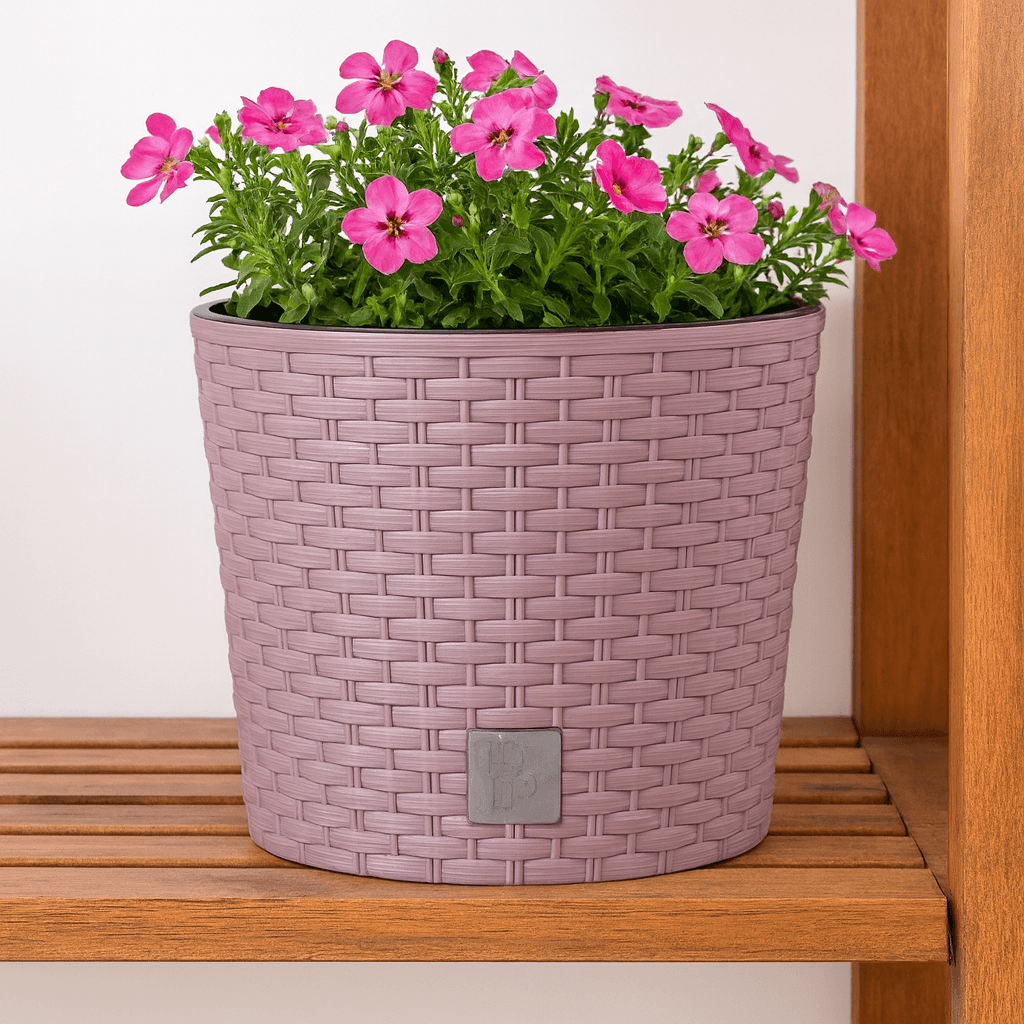 Ghiveci rotund mocca, plastic rezistent, imitatie ratan, diametru 20 cm, inaltime 19 cm — imaginea 4