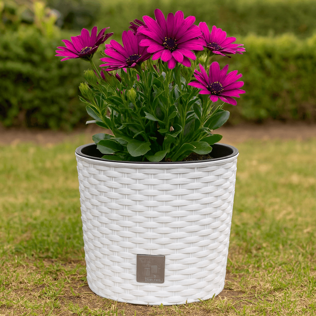Ghiveci rotund alb, plastic rezistent, imitatie ratan, diametru 20 cm, inaltime 19 cm — imaginea 2