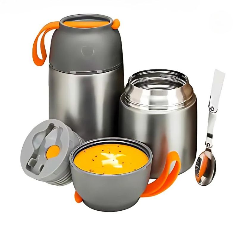 Termos alimentar 650ml inox cu capac bol, lingura pliabila, izolat termic, etans pentru mancare calda sau rece