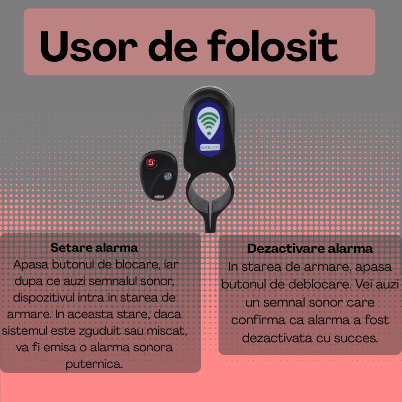Alarma wireless pentru bicicleta, Cu telecomanda, Negru