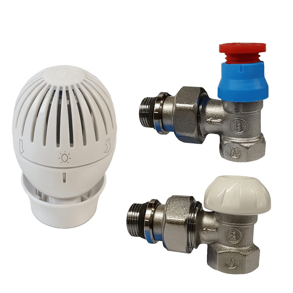 Kit robinet cu cap termostatic Giacomini R470 R470FX002, robinet unghiular 3/8” si lockshield