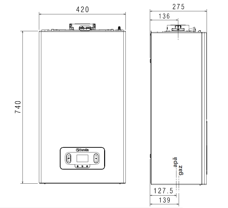 Centrala termica pe gaz in condensare, Beretta Mynute EVO X 25C, afisaj digital, IPX5D, schimbator inox+ kit evacuare
