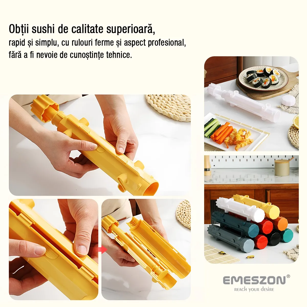 Set Sushi Rolls 2, EMESZON® Aparat manual de rulat Sushi cu rola bambus pentru pasionatii de bucataria Asiatica