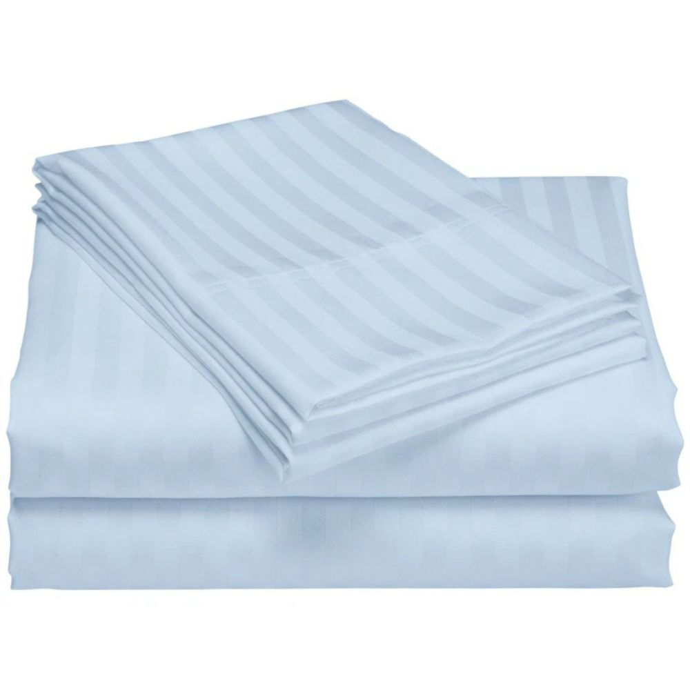 Cearsaf de pat Kotonia Home Deco, 100% bumbac, Damasc Saten, dimensiune dungi 1 cm, Bleu Ciel, 150x240 cm