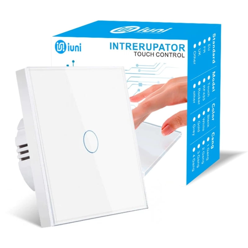 Intrerupator touch cap scara, cap cruce iUni 1F, Sticla securizata, LED