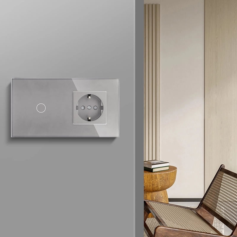 Intrerupator touch si Priza, Rama sticla securizata, iUni 1Y, LED, Silver