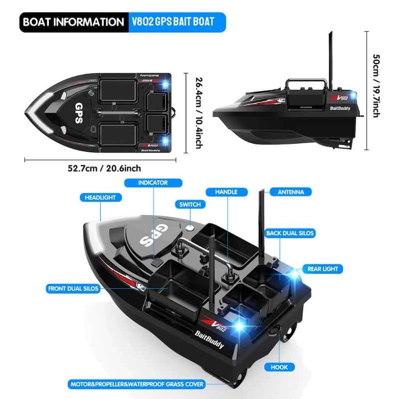 Barca Plantat, Nadit si Momit iUni V802 PRO, GPS, 2 Baterii 5200mAh, 4 cuve, 3kg, 500m, 15km/h, Negru