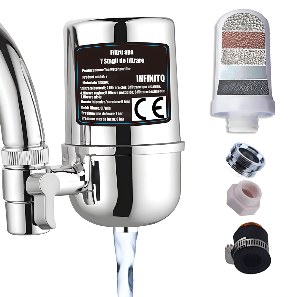 Filtru de Apa Robinet, 7 Nivele de Filtrare, Montare Usoara, Elimina Clorul, Mirosul Neplacut, Cartus Reutilizabil.
