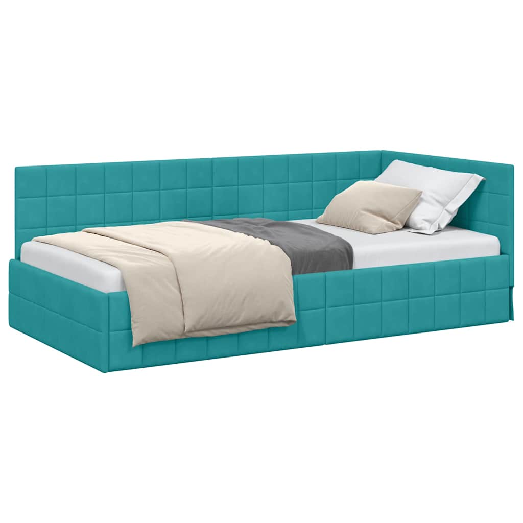 Cadru de pat coltar cu headboard Turcoaz 90 x 200 cm Catifea