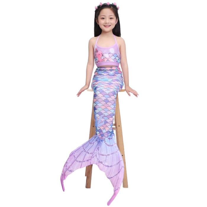 Set 5 piese costum de baie Sirena Ariel, Albastru Caraibe, Include top, slip, coada, colier si coronita