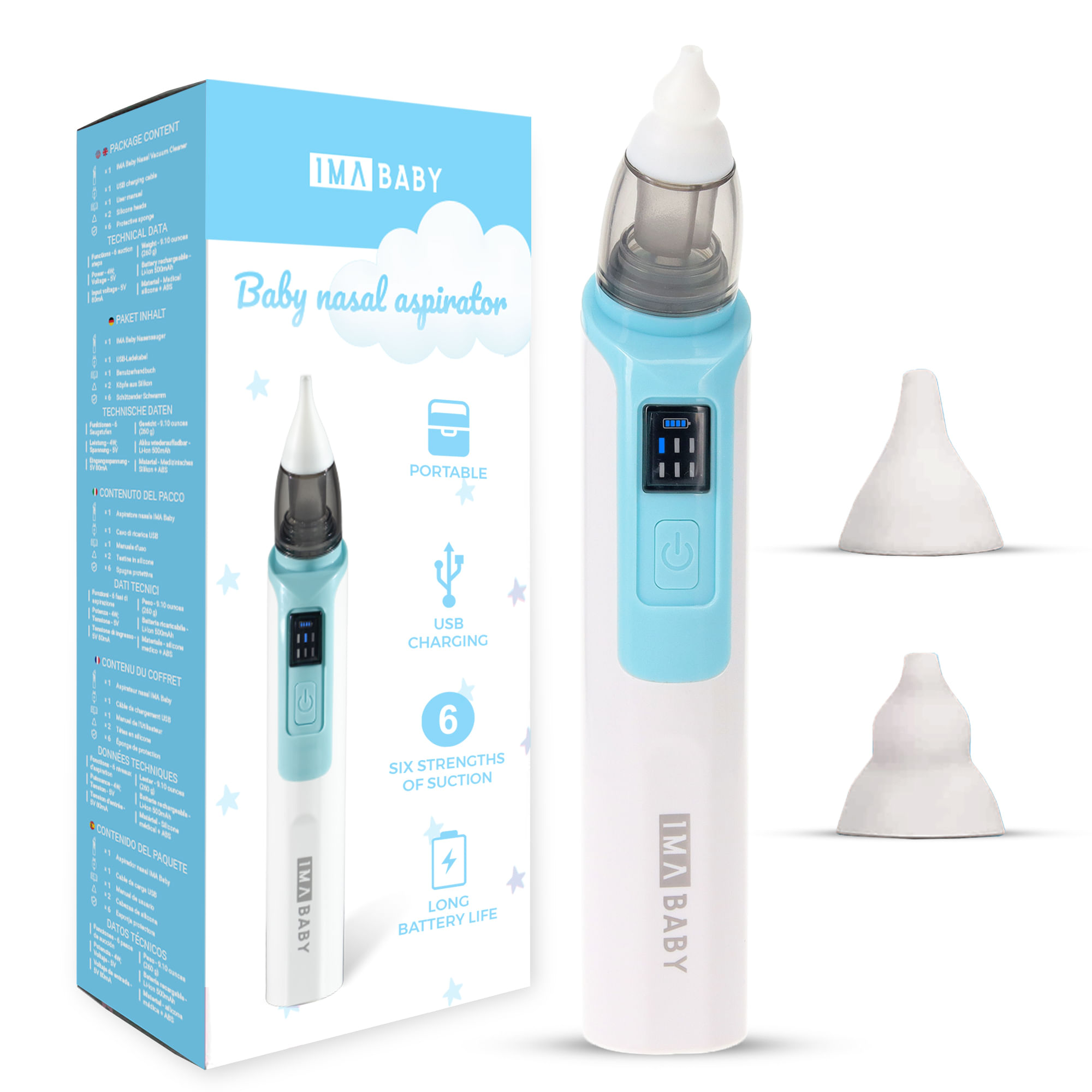 Aspirator nazal electric IMA Baby pentru bebelusi si copii silentios, 6 Trepte de Aspirare, Portabil, cu USB, 500mAh