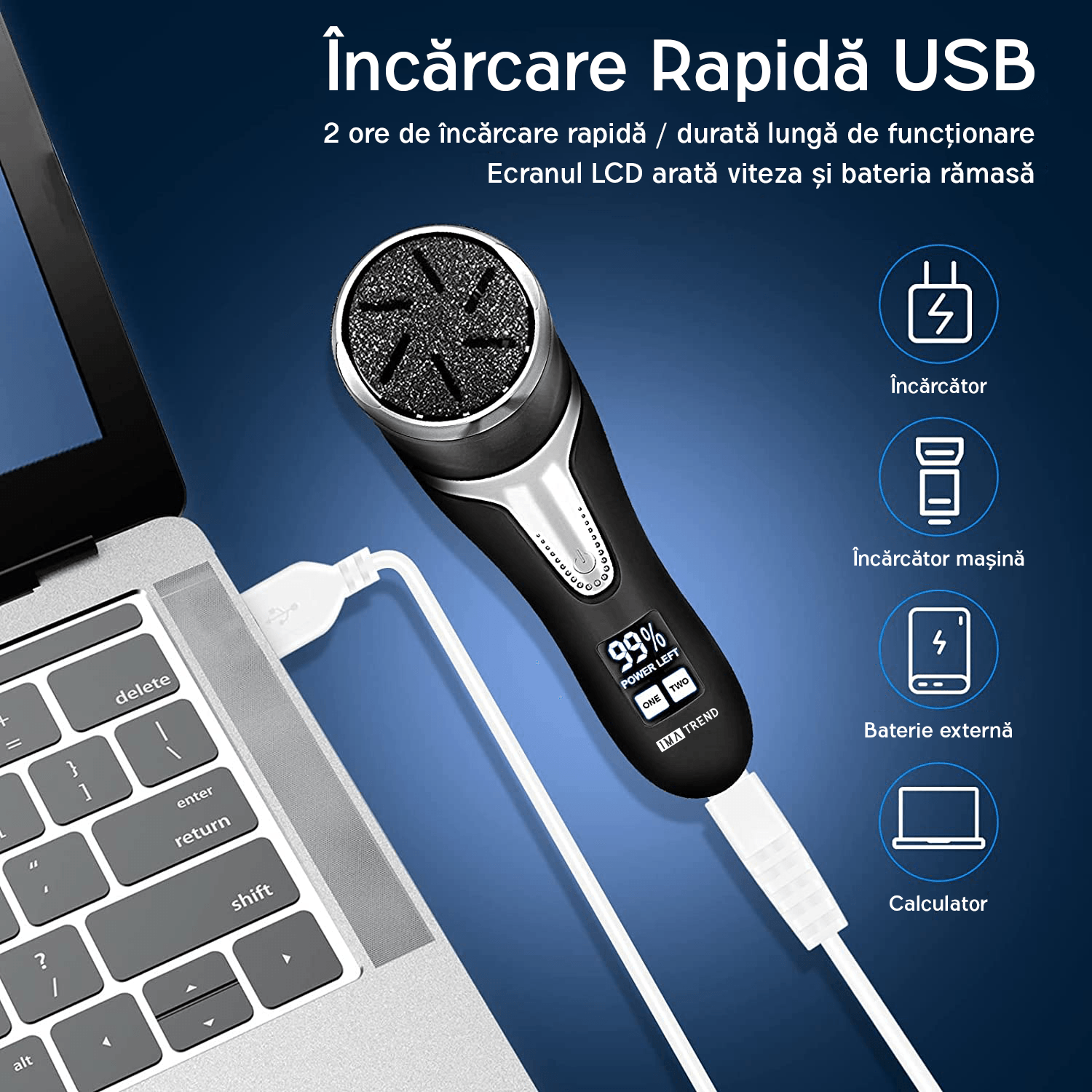 Pila electrica pentru talpi si calcaie IMA Trend, cu Aspirare, IPX 7, Display Digital, 1200 mAh USB, 3 role, 2200 rpm - 4 | YEO