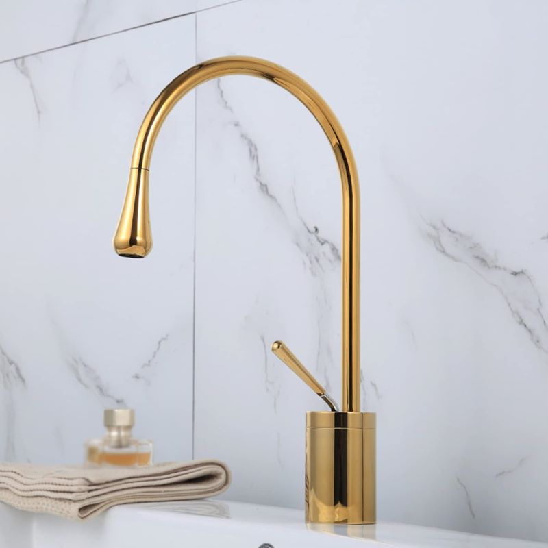 Baterie sanitara pentru lavoar, inalta, pentru chiuveta baie, premium, cartus ceramic, auriu, montare blat, 38 cm — imaginea 2