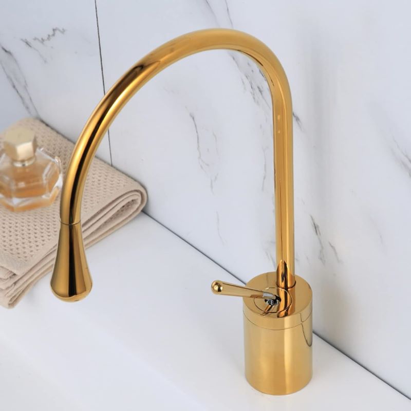 Baterie sanitara pentru lavoar, inalta, pentru chiuveta baie, premium, cartus ceramic, auriu, montare blat, 38 cm — imaginea 3