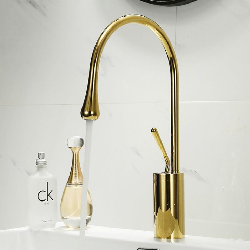Baterie sanitara pentru lavoar, inalta, pentru chiuveta baie, premium, cartus ceramic, auriu, montare blat, 38 cm — imaginea 5
