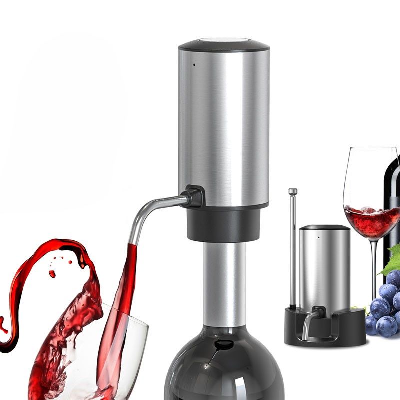 Decantor cu aerator electric, pentru vin cu baza suport inclusa, cu tub metal retractabil 3 trepte, reincarcabil, inox