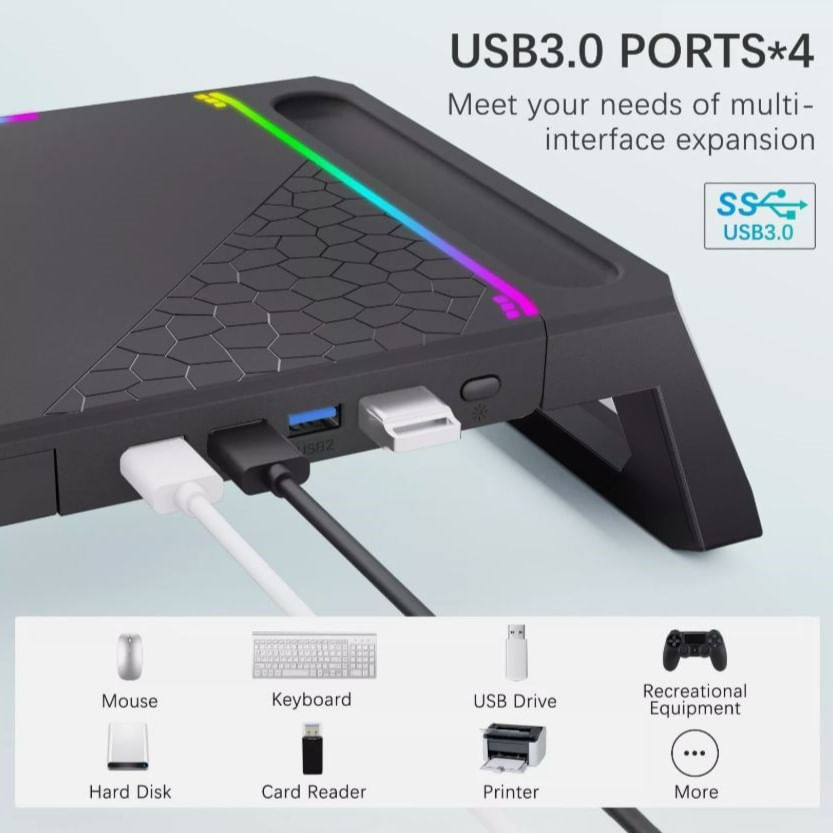Suport Monitor si laptop, cu lumini RGB reglabile si 4 Port USB, Tava Depozitare, Ergonomic, Reglabil in 3 Moduri, Negru