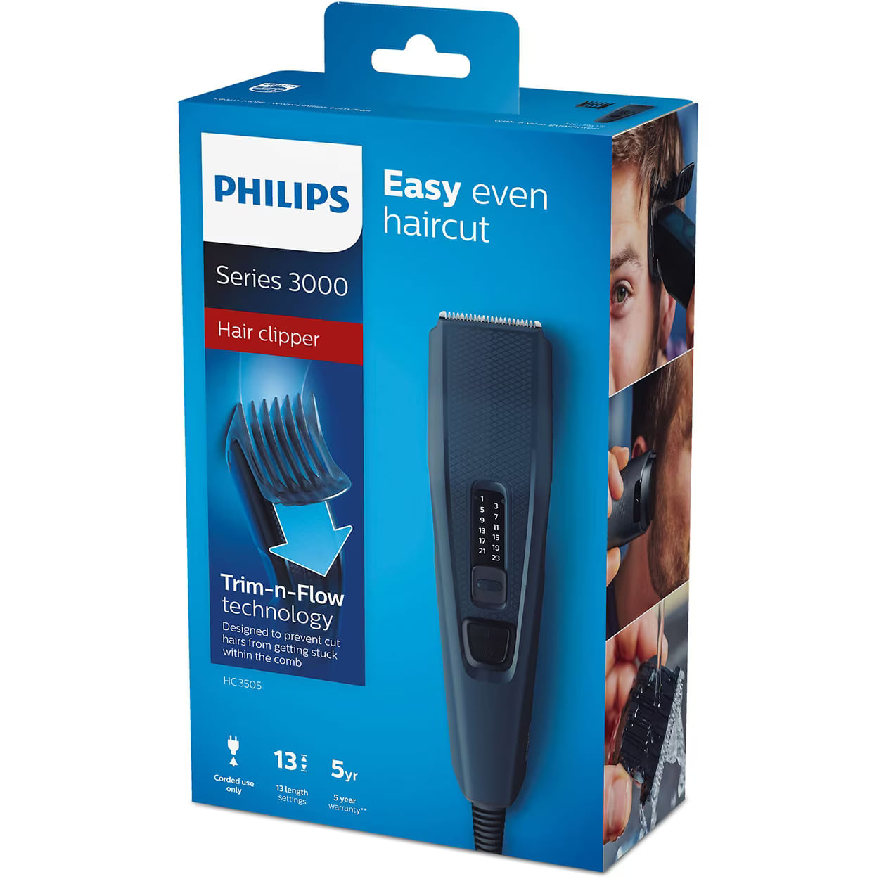 Aparat de tuns PHILIPS Seria 3000 HC3505/15, 13 setari de lungime, utilizare cu fir, lame din otel inoxidabil, Albastru - imagine 5