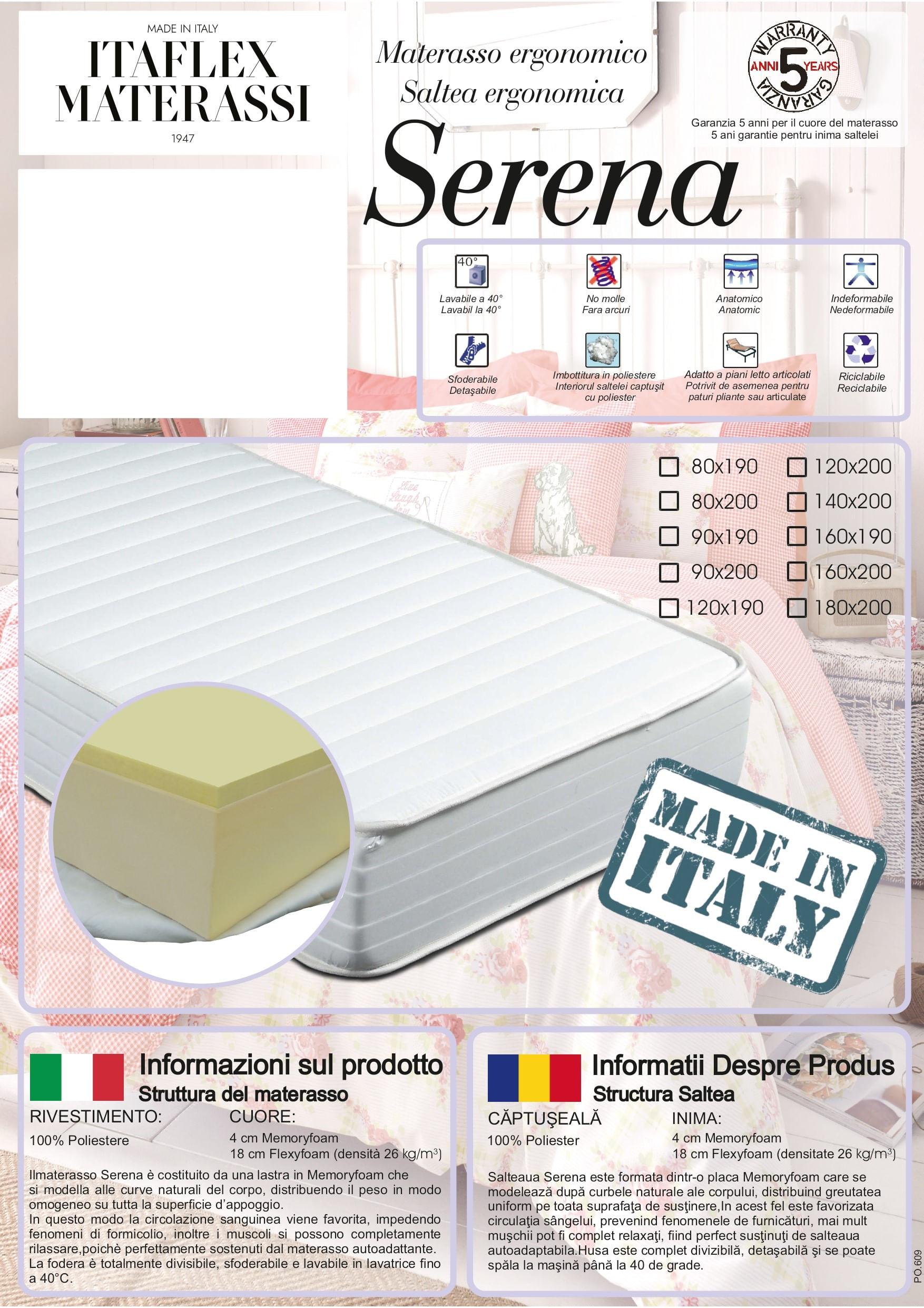 Saltea ortopedica Serena, cu spuma poliuretanica + spuma Memory, 180x200x24 cm ,Husa detasabila — imaginea 3