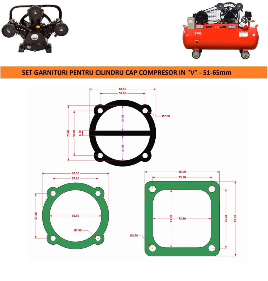 Garnituri set pentru cap compresor de aer V 65mm CH079 Mod.2(H) — imaginea 5