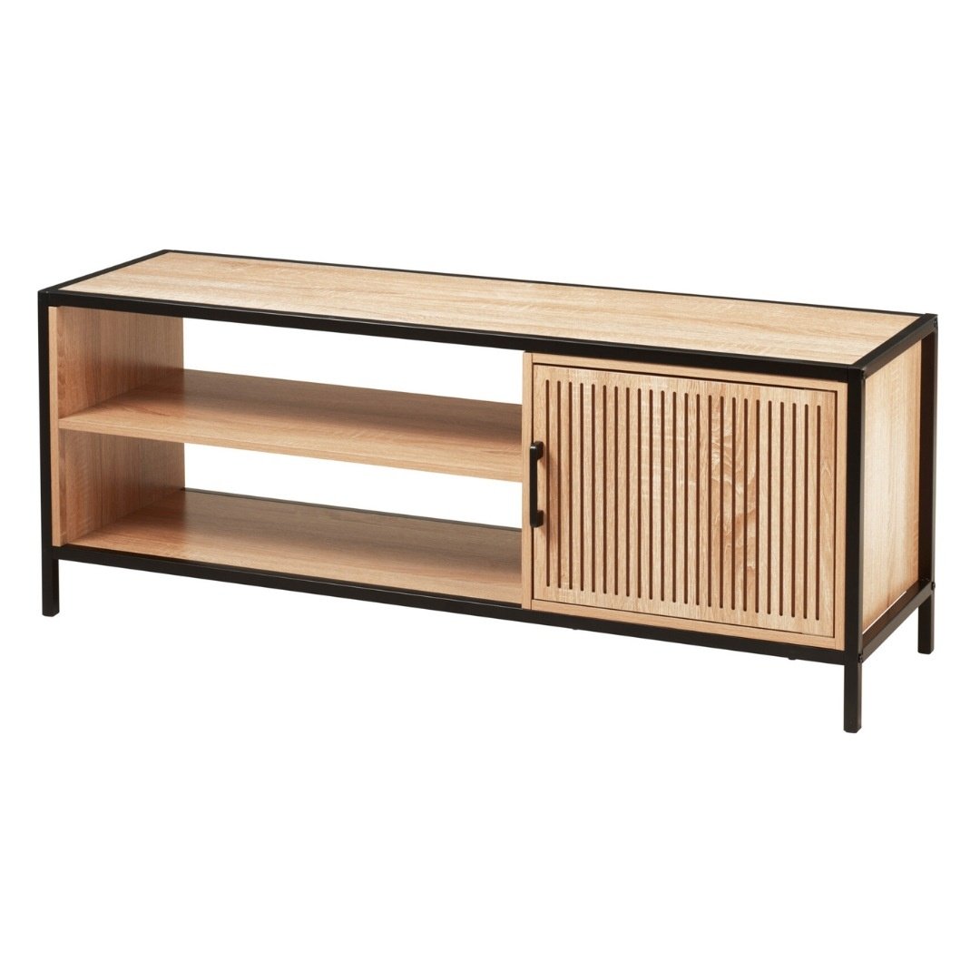 Comoda cu cadru metalic si rafturi MDF, design industrial modern, 116x33x45 cm, negru — imaginea 2