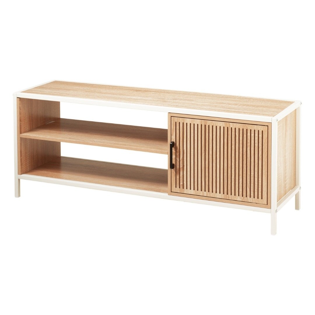 Comoda cu cadru metalic si rafturi MDF, design natural cu usa din lemn, 116x33x45 cm, alb — imaginea 2