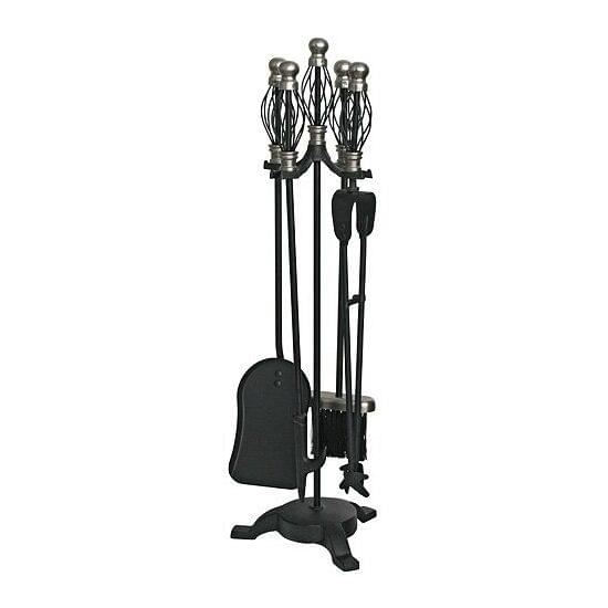 Set accesorii semineu, suport cu 4 piese, nichelate, 66 cm