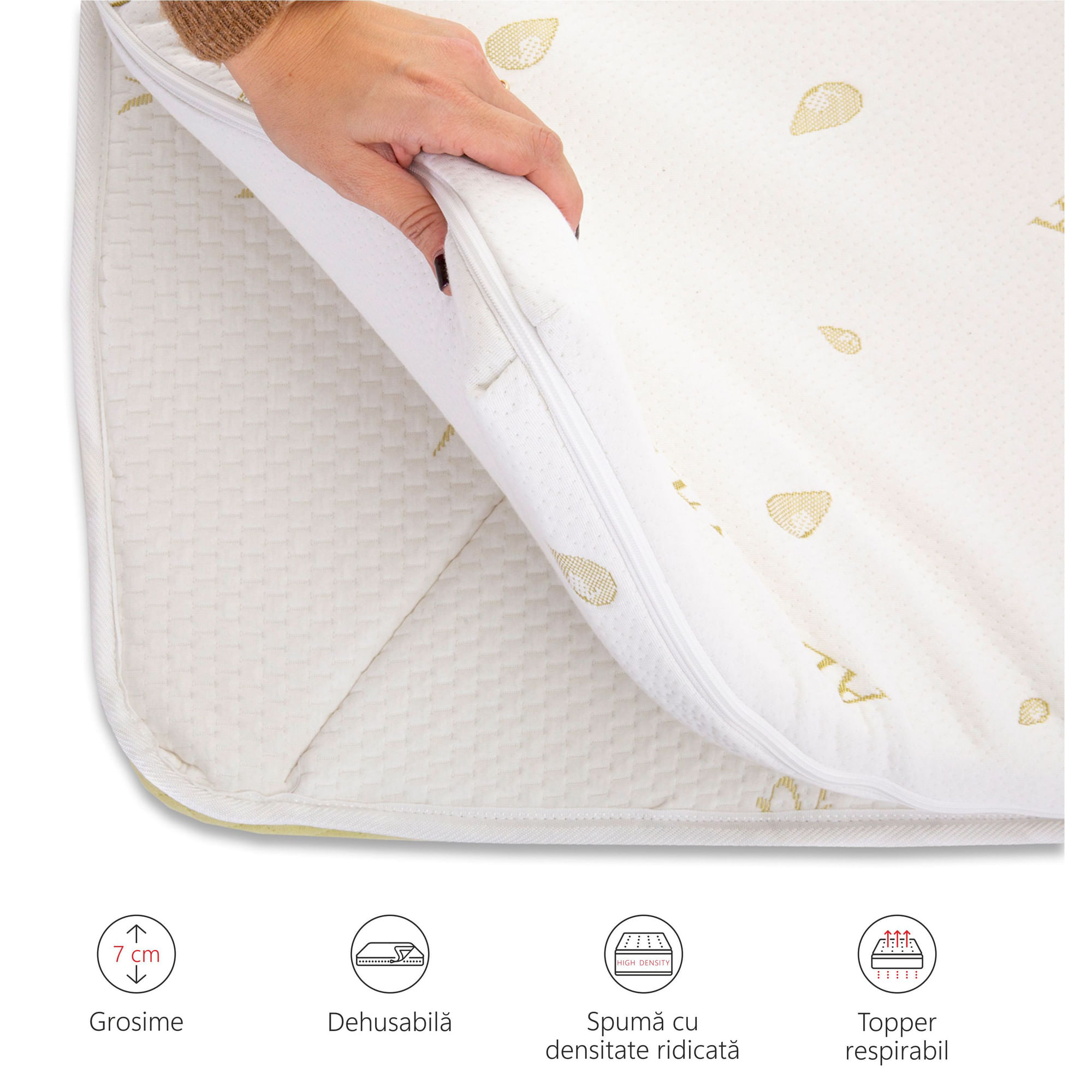 Topper Saltea Best Sleep, spuma poliuretanica, 160X190 cm, grosime 7cm, husa Aloe Vera Detasabila