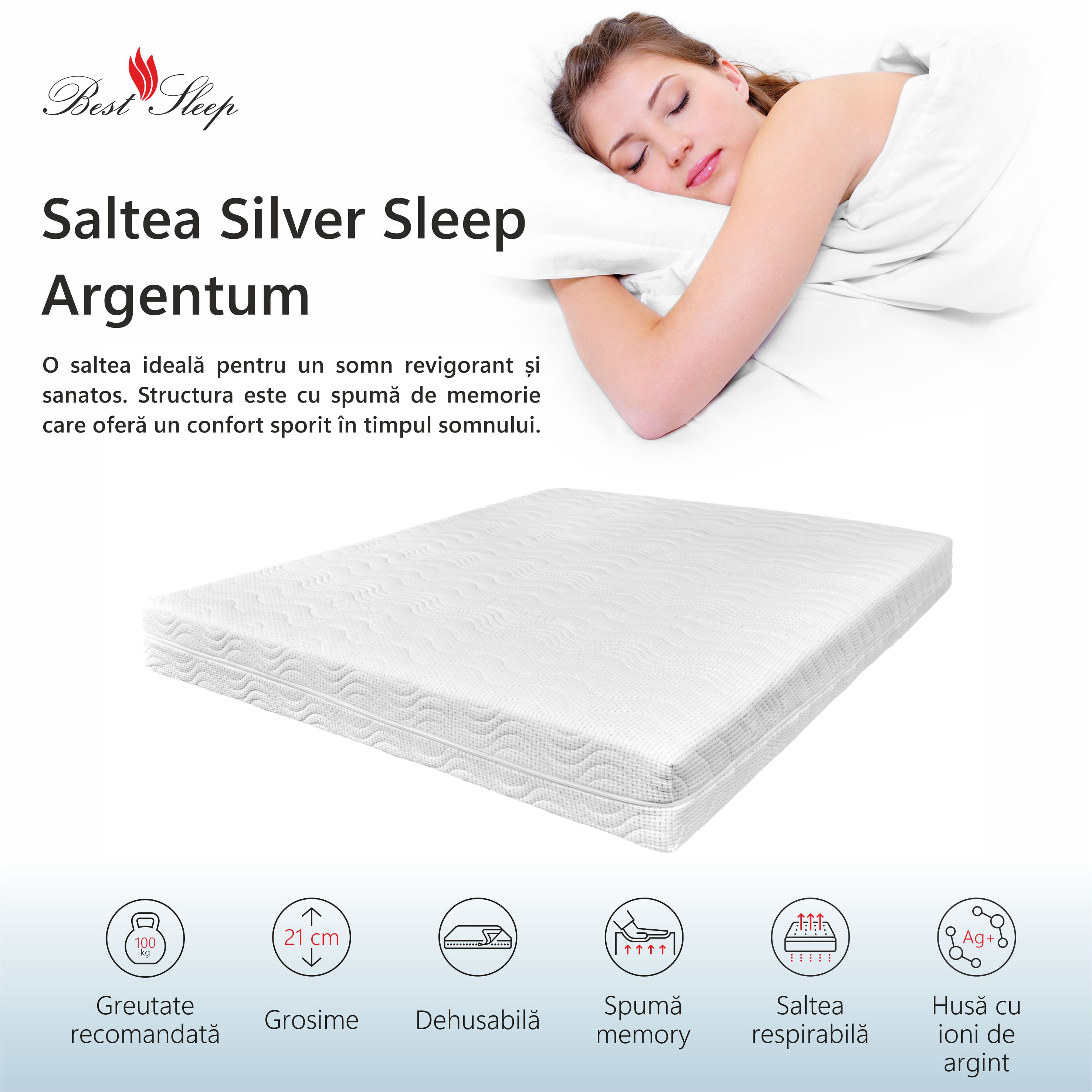 Saltea Ortopedica, Best Sleep, Silver Sleep Argentum 16+4+1,180x200x21 cm, spuma cu memorie, fir cu ioni de argint — imaginea 5