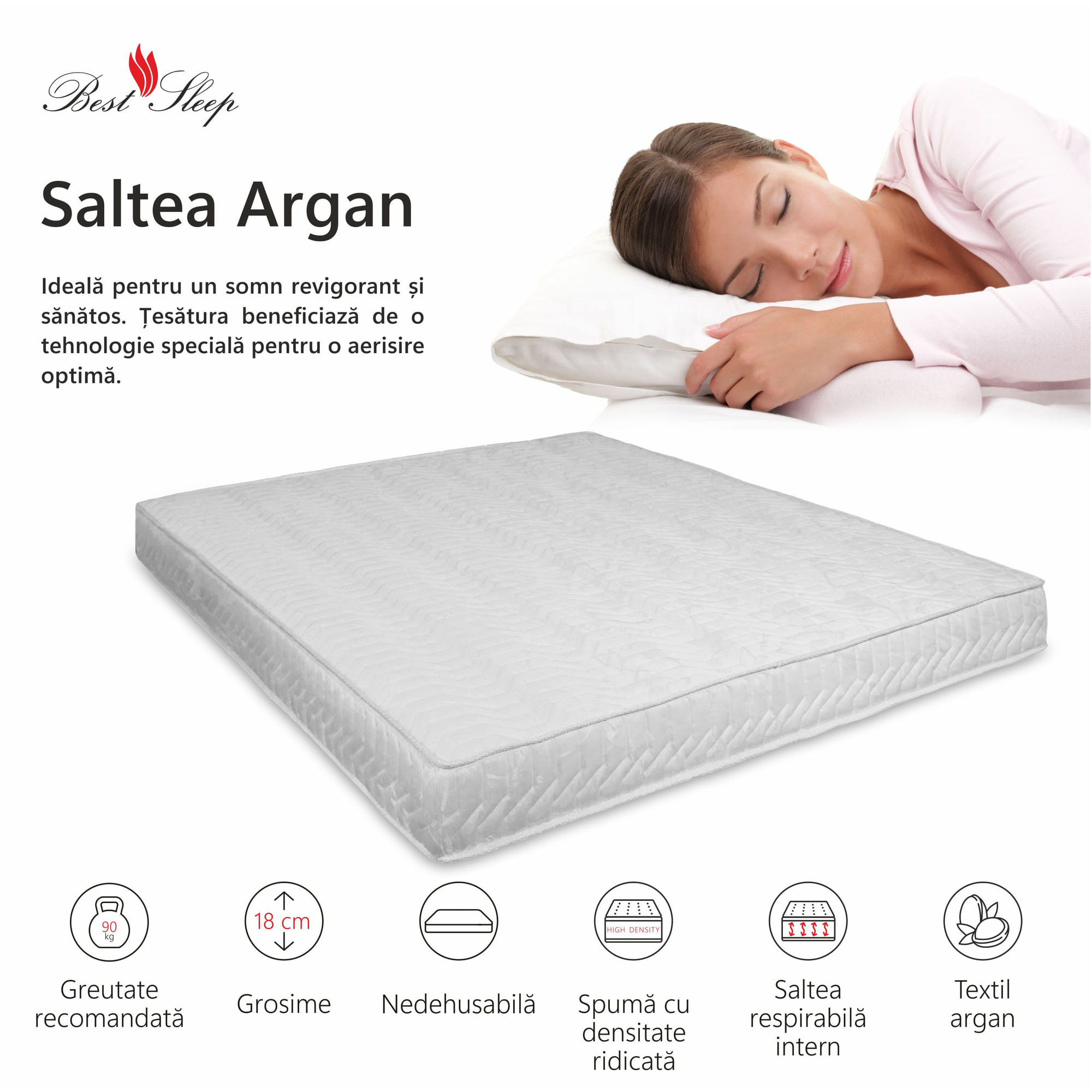 Saltea superortopedica Best Sleep Argan Deluxe, 70x190x18 cm, spuma poliuretanica hipoalergenica