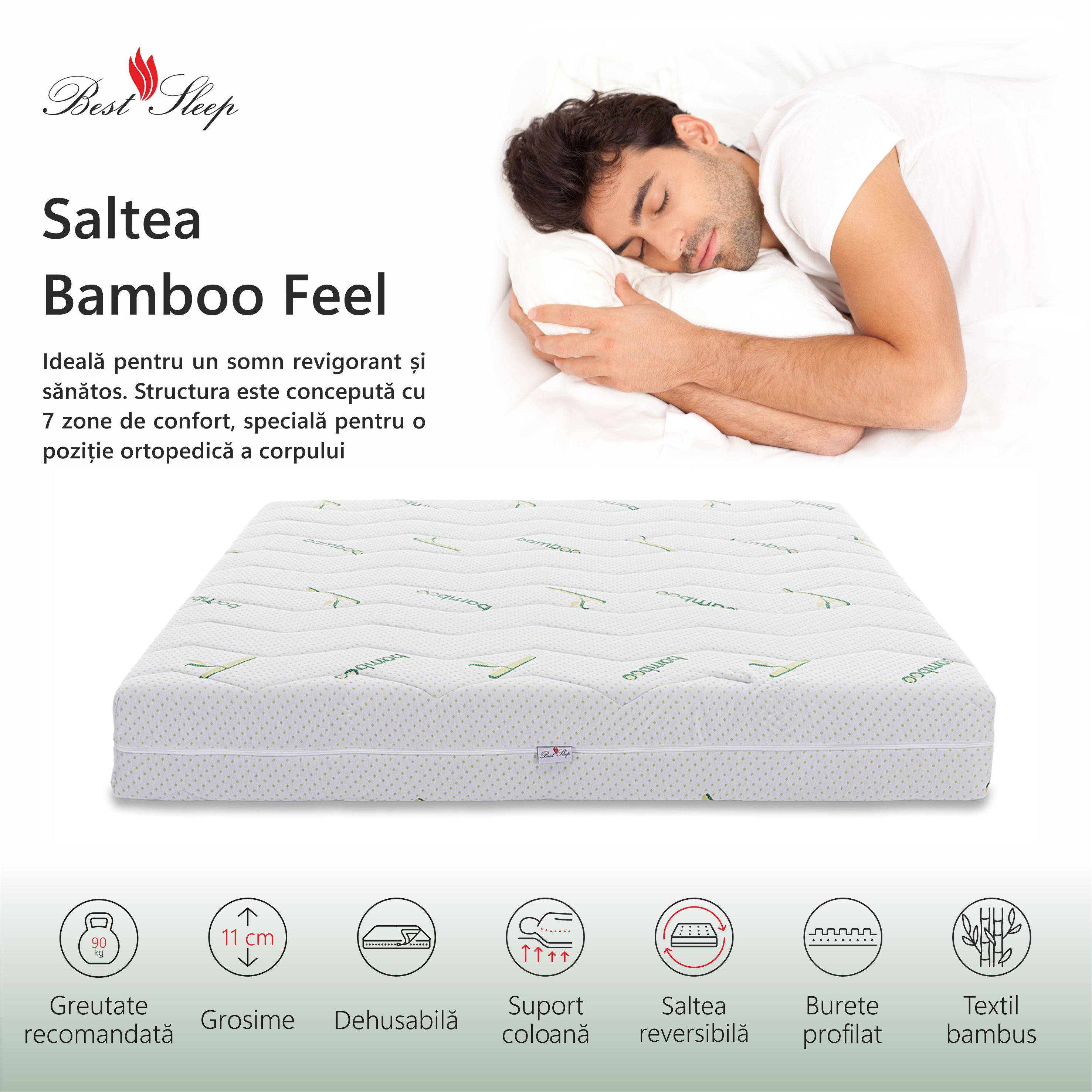 Saltea Ortopedica, Best Sleep Bamboo Feel 11cm, 90x200x11cm, Spuma poliuretanica, , lavabila, matlasata, fibre de bambus
