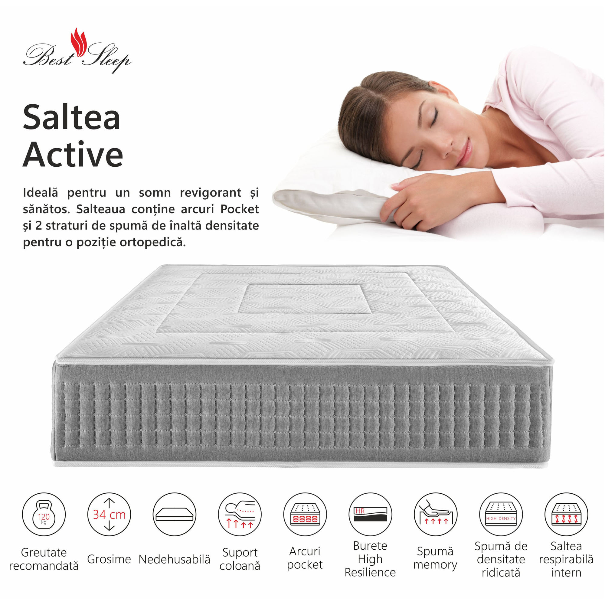 Saltea superortopedica Best Sleep Active, 120x190x34cm, Arcuri Pocket, high resilience, memory, 7 zone de confort — imaginea 4