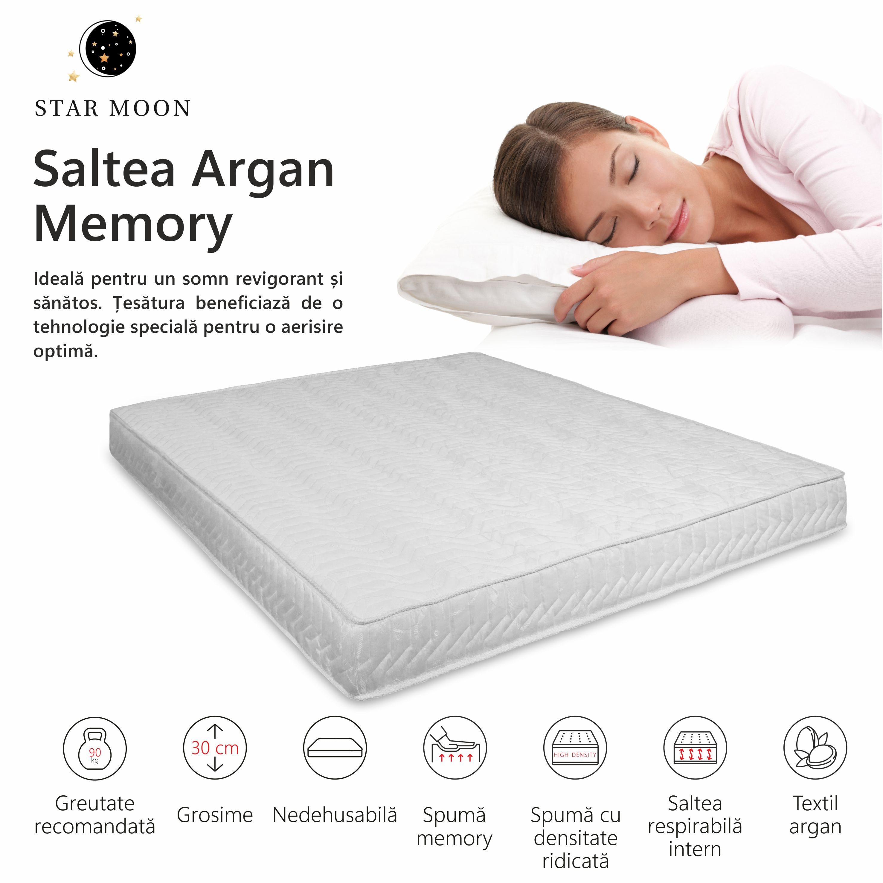 Saltea Ortopedica, Star Moon, Argan Memory, 150x190x30 cm, 26+4, Spuma poliuretanica cu memorie, fermitate medie — imaginea 4