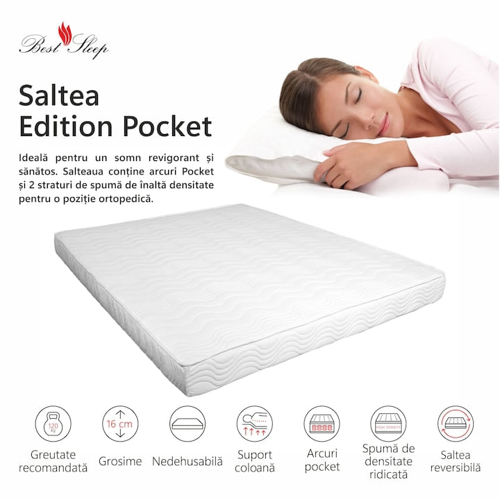Saltea Ortopedica, Bestsleep, Edition Pocket, 175x200x16cm, spuma poliuretanica si arcuri individuale, hipoalegenic — imaginea 2