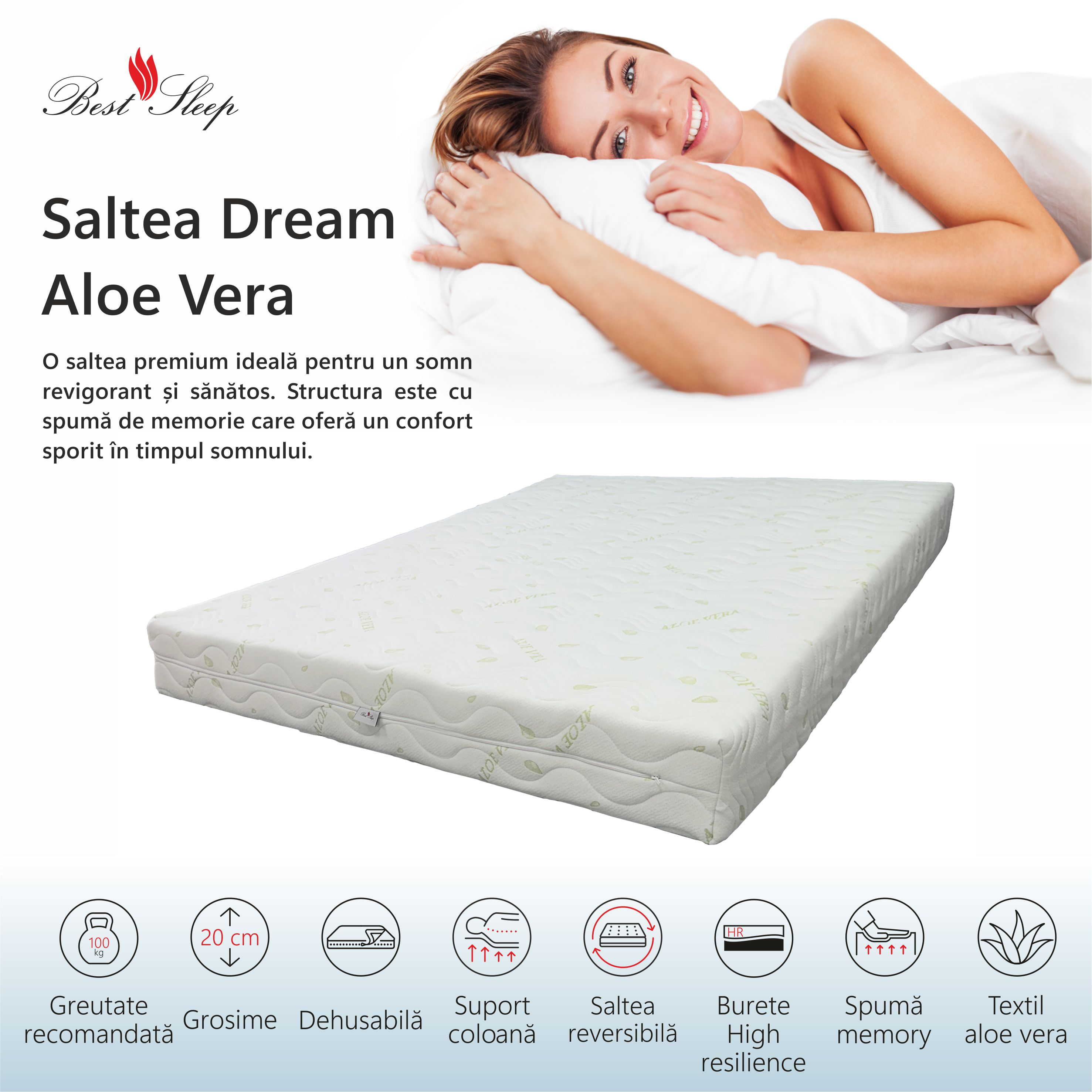 Saltea Ortopedica, Best Sleep, Dream Aloe Vera, 70x180x20cm, spuma poliuretanica cu memorie, hipoalergenic, — imaginea 6