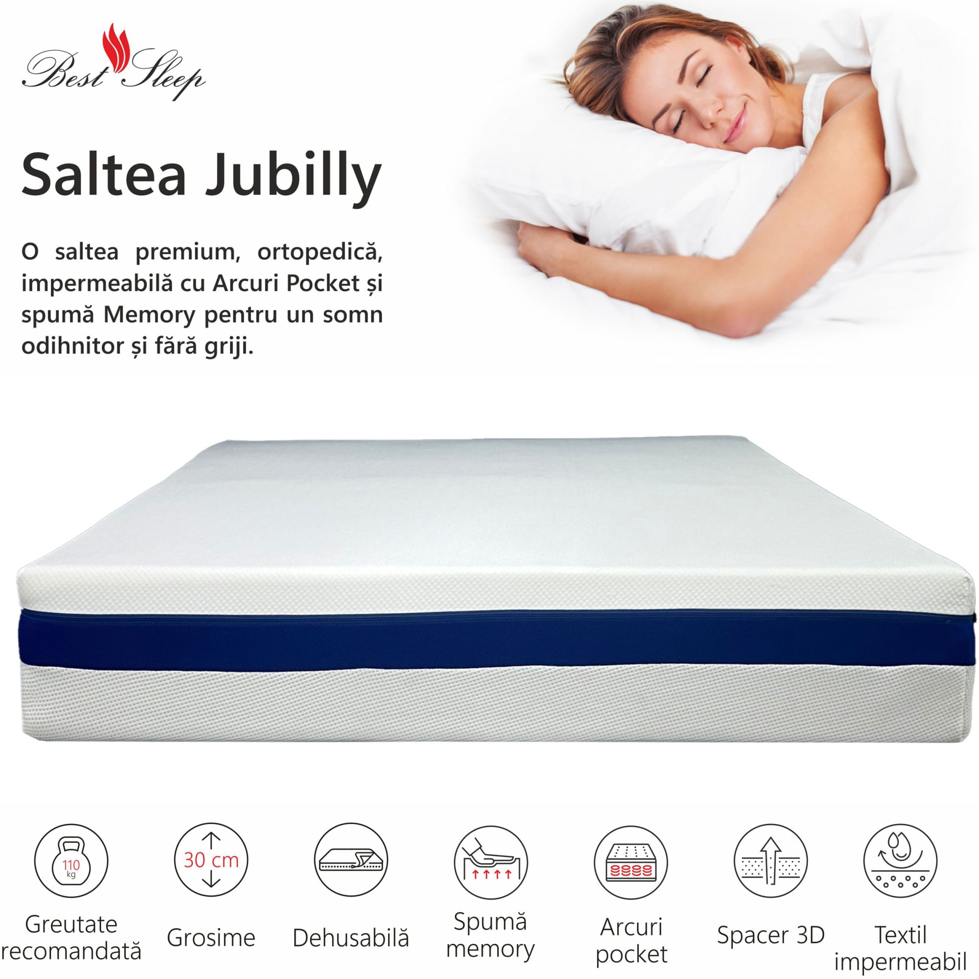 Saltea ortopedica impermeabila, Best Sleep, Jubilly, 130x200x30cm, arcuri impachetate, spuma cu memorie, lavabila — imaginea 5