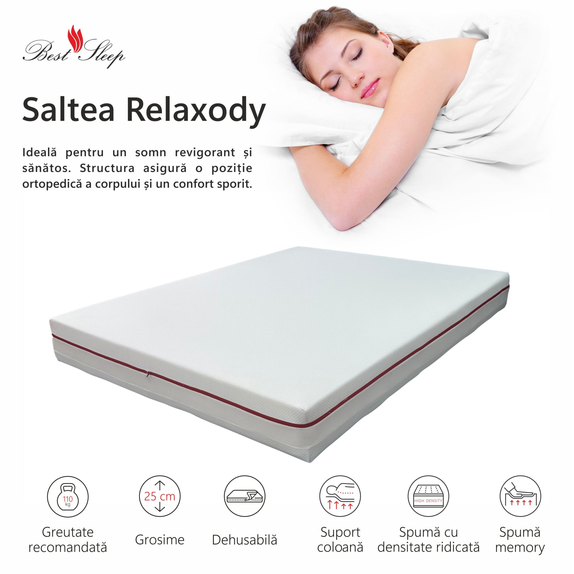 Saltea ortopedica impermeabila, Best Sleep, Relaxody, 80x200x25cm, spuma poliuretanica, memory, husa detasabila lavabila — imaginea 3