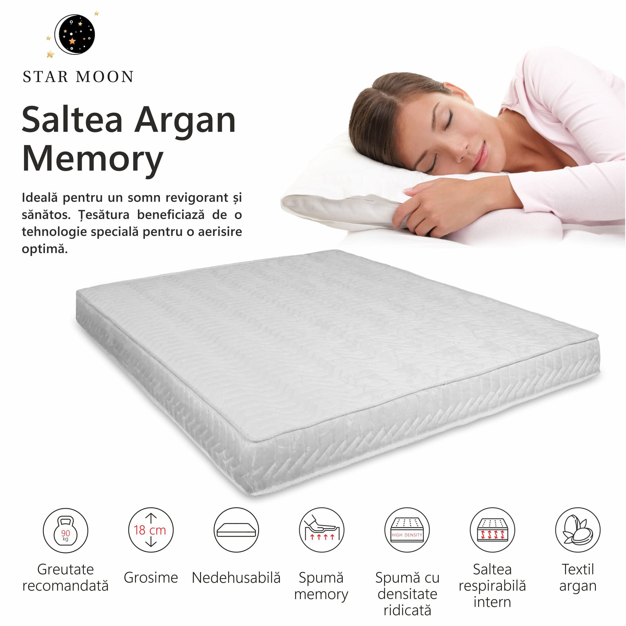 Saltea Ortopedica, Star Moon, Argan Memory, 180x190x18 cm, 15+3, Spuma poliuretanica cu memorie, fermitate medie — imaginea 2