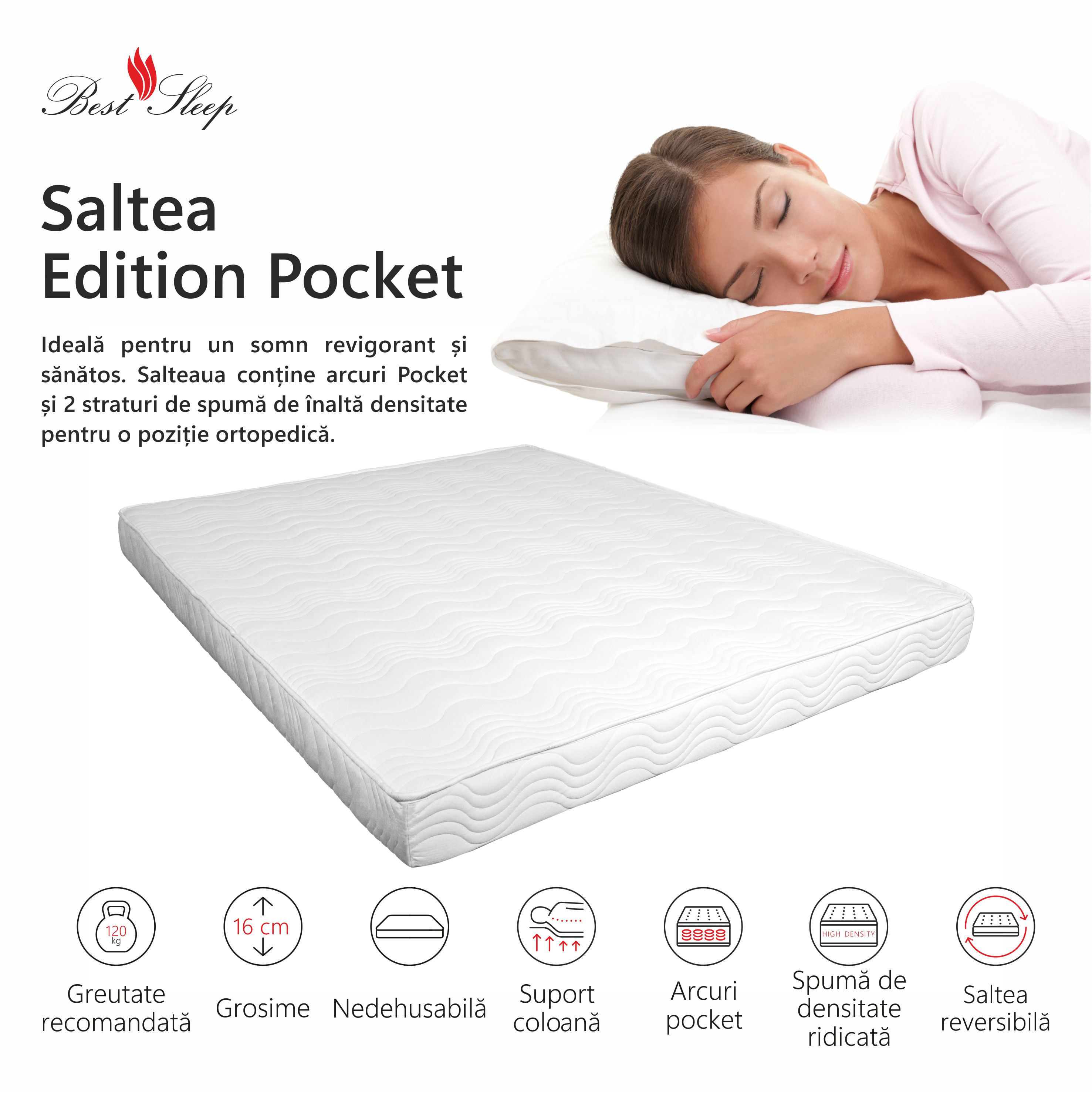 Saltea Ortopedica, Bestsleep, Edition Pocket, 160x200x16cm, spuma poliuretanica si arcuri individuale, hipoalegenic — imaginea 5