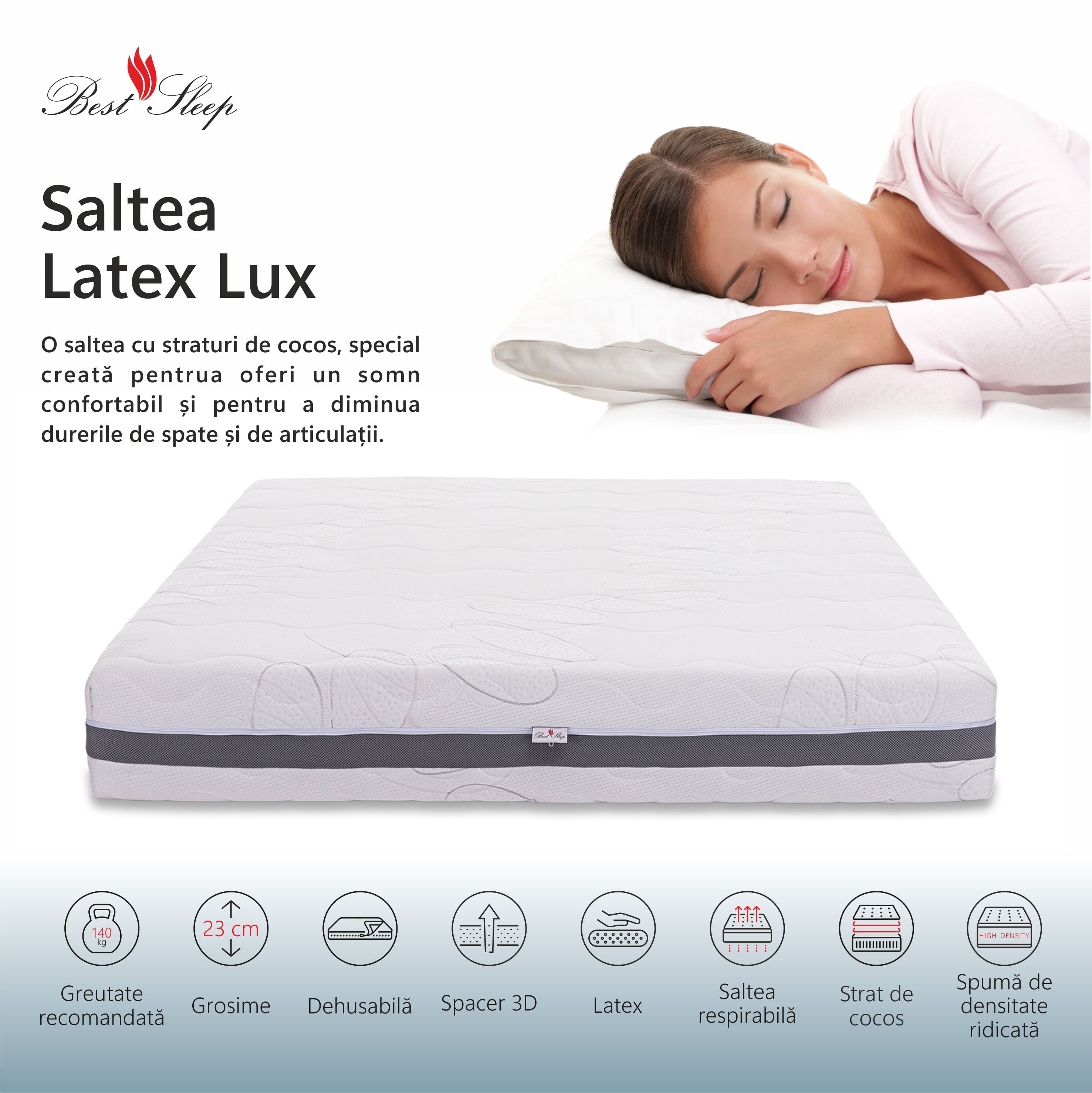 Saltea ortopedica BEST SLEEP Latex Lux, 80x200x23cm, cu latex, hipoalergenic, antibacterian, ferma — imaginea 2