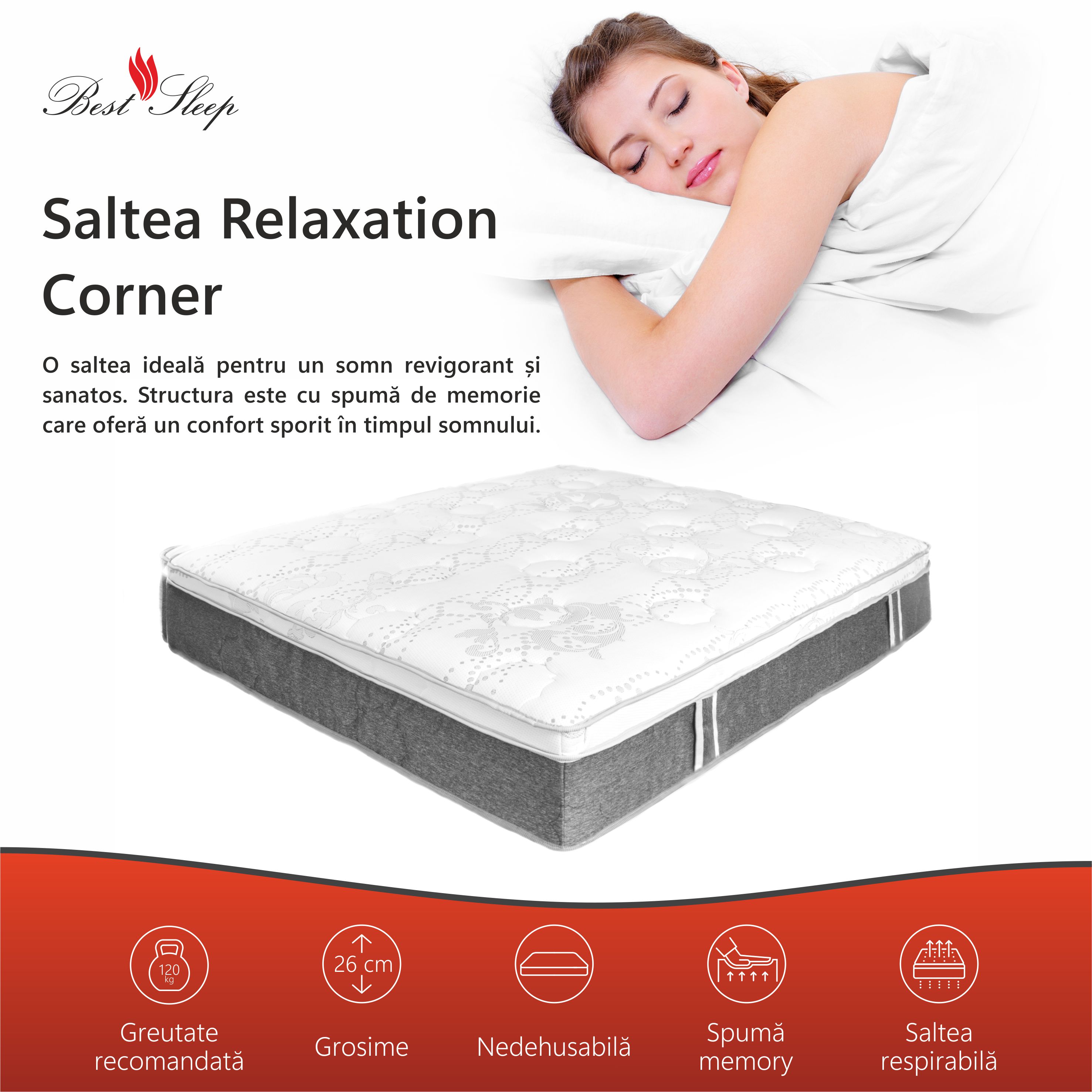 Saltea Ortopedica,Best Sleep,Relaxation Corner Bordeaux 20+5+1,140x190x26 cm,spuma Poliuretanica cu memorie — imaginea 6