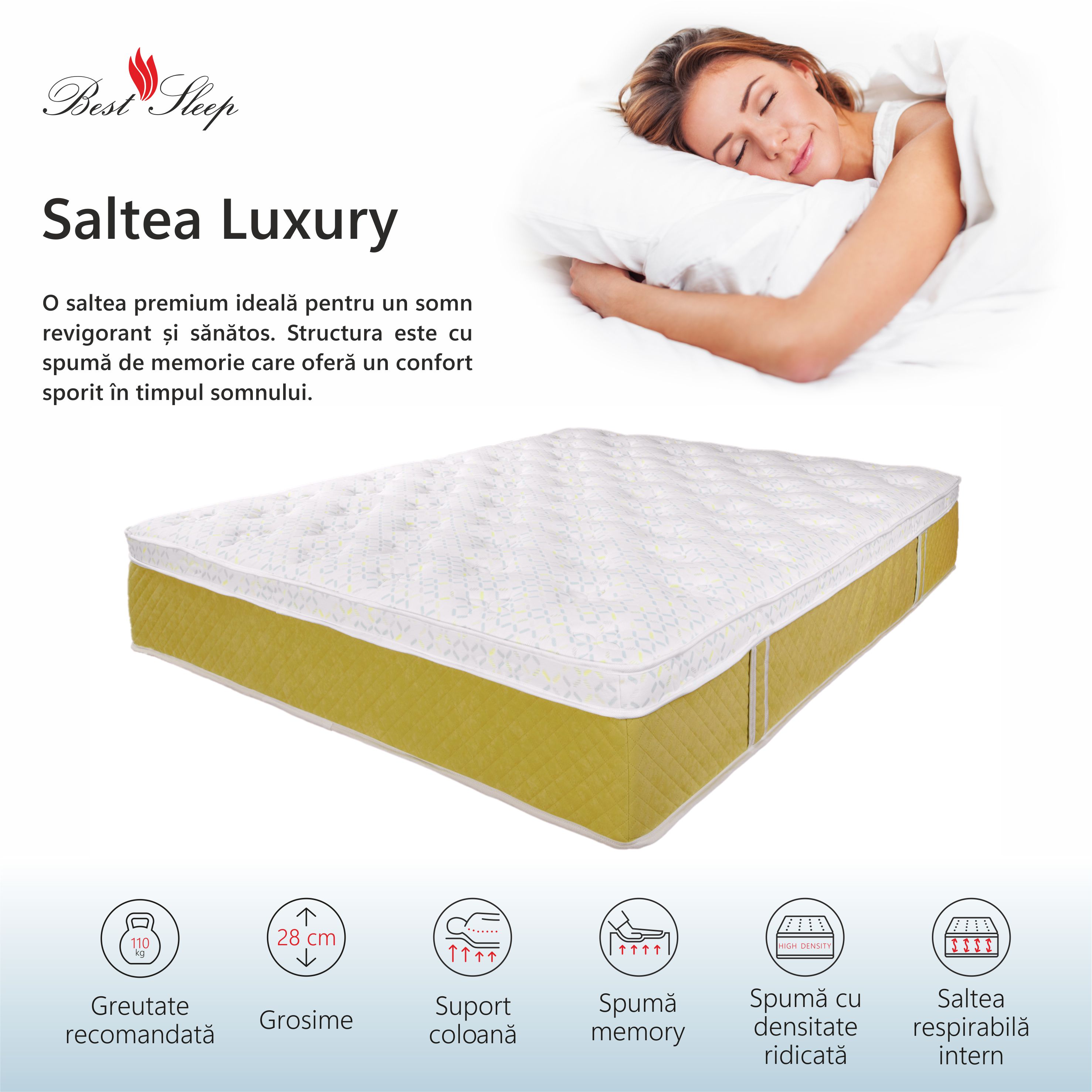 Saltea Ortopedica, Best Sleep,Luxury Sleep Margan 21+6+1cm,100x190x28cm,spuma Poliuretanica cu memorie — imaginea 5