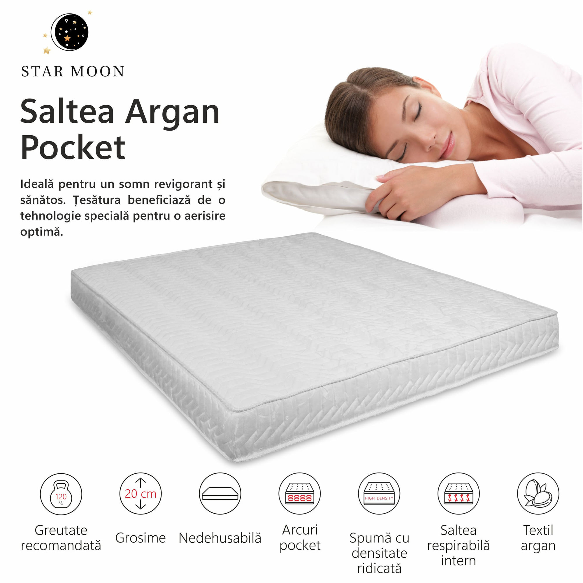 Saltea Ortopedica, Star Moon, Argan Pocket 140x200x20 cm, spuma poliuretanica, arcuri ambalate individual — imaginea 2