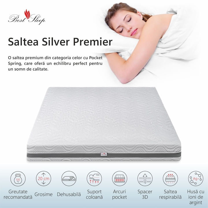 Saltea Ortopedica, Best Sleep, Silver Premier, 150x200x20cm, Spuma poliuretanica si arcuri individuale, hipoalergenic, — imaginea 5