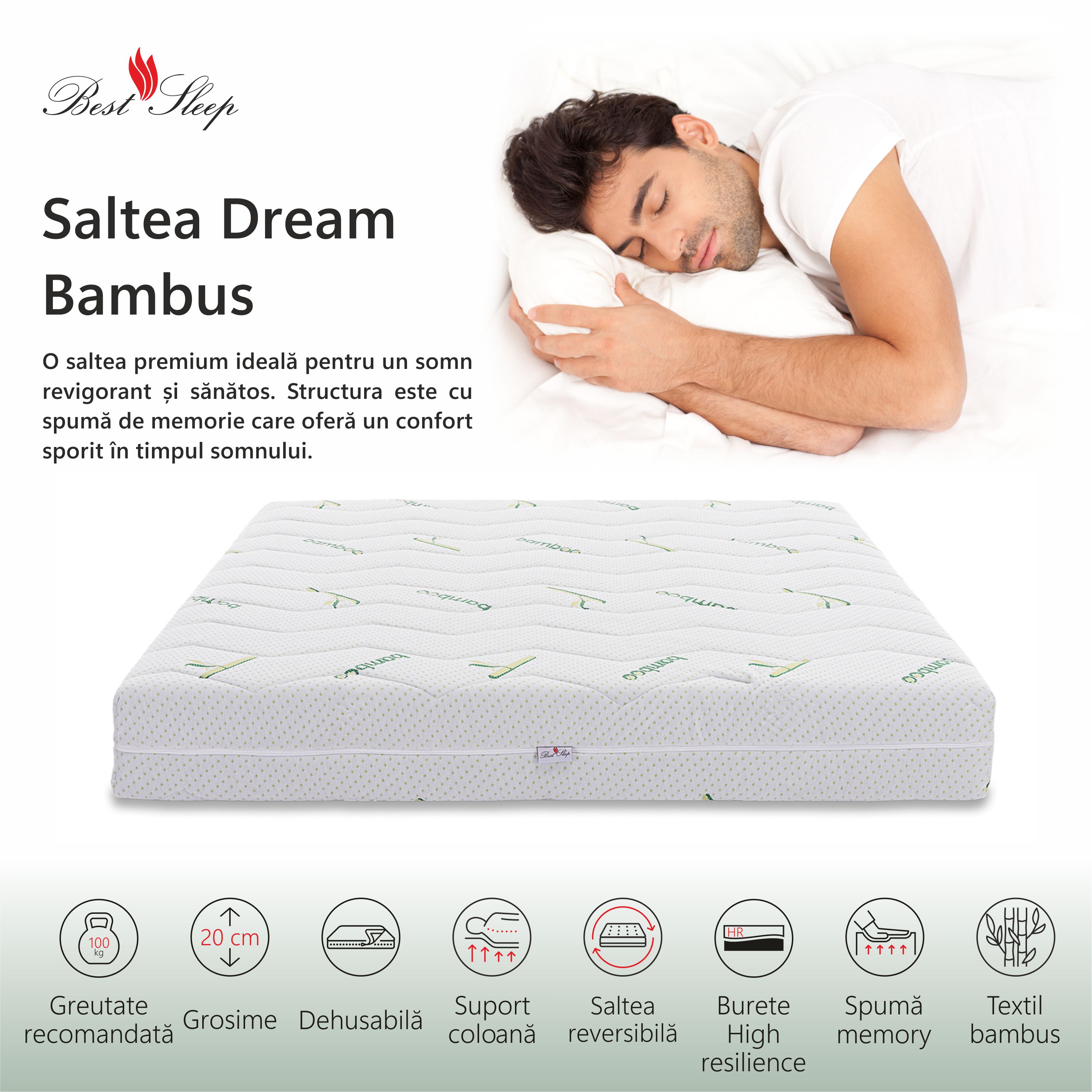 Saltea ortopedica BEST SLEEP Dream Bambus, 160x190x20cm, spuma poliuretanica cu memorie, hipoalergenica, antibacteriana — imaginea 5